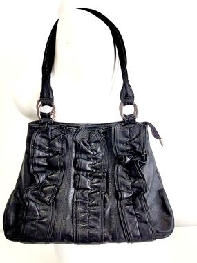 Black Ruffle Detail Leather Shoulder Bag - Women